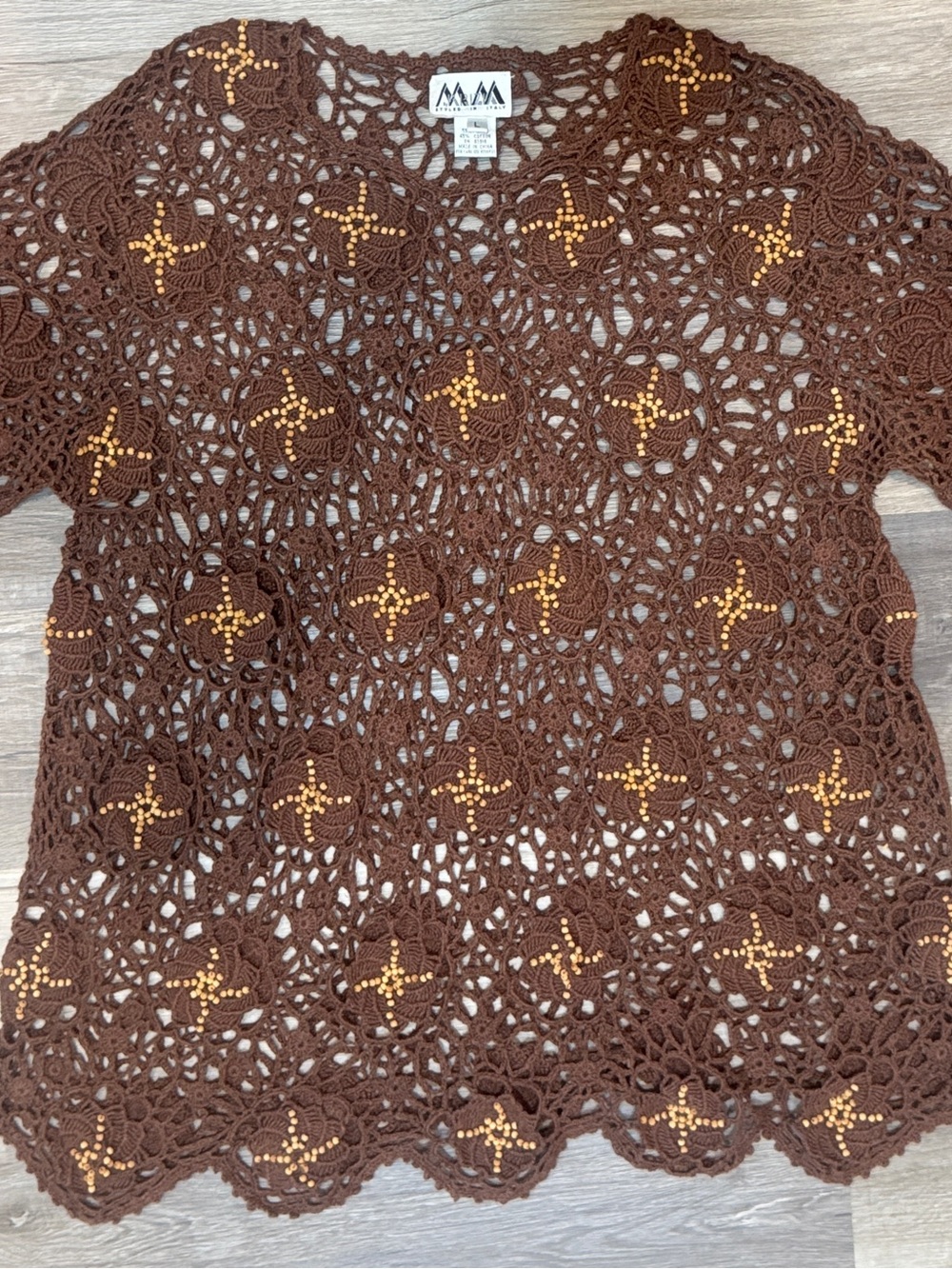 Vtg 90’s Linen-Cotton Blend Crochet Long-Sleeve Top w/ Beading